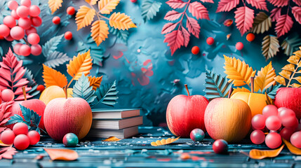 Beautiful autumn 3d style composition with fruits plants and colorful leaves and books. Back to school and autumn sale concept. Copy space