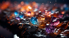 Colorful Crystals On Black Background With Bokeh Effect. 3d Rendering