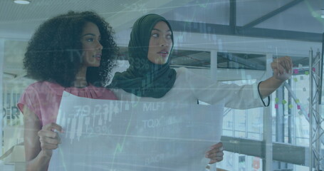 Poster - Image of financial data processing over diverse businesswomen in office