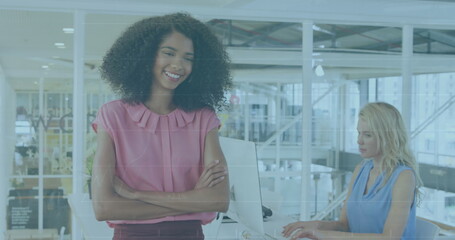 Canvas Print - Image of financial data processing over diverse business people working at office