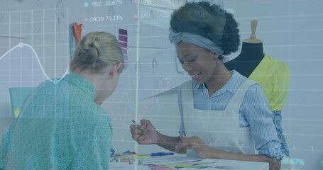Aufkleber - Image of financial data processing over diverse businesswomen in office