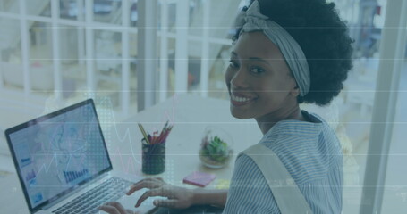 Aufkleber - Image of financial data processing over biracial businesswoman in office