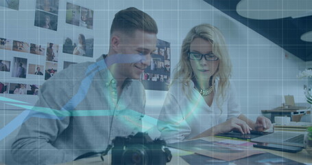Poster - Image of financial data processing over caucasian business people in office