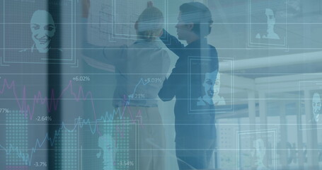 Aufkleber - Image of graphs, digital portrait of people over diverse coworkers examining blueprint in office