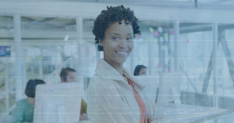 Poster - Image of financial data processing over biracial businesswoman in office