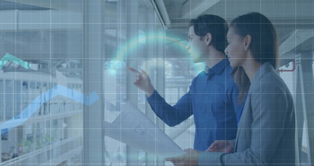 Aufkleber - Image of financial data processing over diverse business people working at office