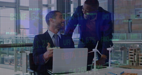 Poster - Image of stock market data processing over two diverse businessmen discussing at office