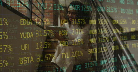 Poster - Image of stock market data processing over african american woman using digital tablet at office
