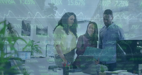 Canvas Print - Image of statistics and financial data processing over diverse business people in office