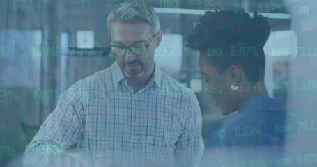 Poster - Image of statistics and financial data processing over diverse business people in office