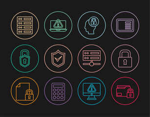 Poster - Set line Folder and lock, Lock, Human head with, Shield check mark, Server, Data, Web Hosting, and Laptop exclamation icon. Vector