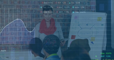 Poster - Image of stock market data processing over caucasian woman giving a presentation at office