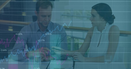Poster - Image of statistical data processing over caucasian man and woman discussing over a document
