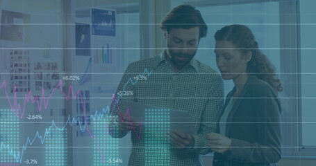 Poster - Image of statistical data processing over caucasian man and woman discussing over a document