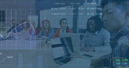 Poster - Image of stock market data processing over diverse colleagues having a meeting at office