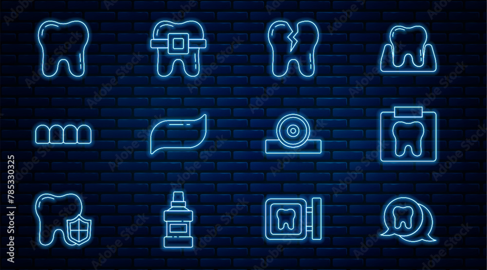 Set line Tooth, X-ray of tooth, Broken, Toothpaste, Dentures model ...