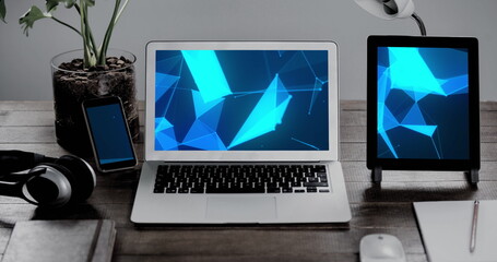 Poster - Image of technological devices with blue shapes on screen on desk