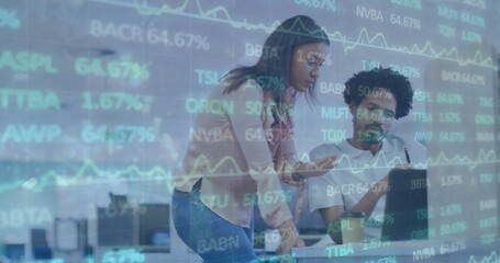 Poster - Image of stock market data processing over diverse man and woman discussing at office