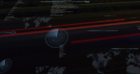 Poster - Image of glitch technique over maps, radars and computer language against black background