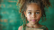 Portrait of a beautiful African-American girl with a book in her hands. She's looking at the camera, smart eyes, green background.