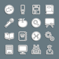 Poster - Set line Graduate and graduation cap, Timing belt kit, Chalkboard, Exam paper with incorrect answers, Apple, Microphone, Speech bubble chat and Magnifying glass icon. Vector