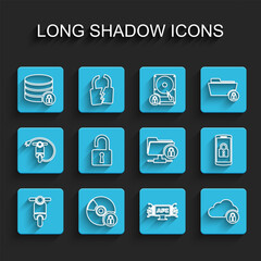 Poster - set line scooter, cd or dvd disk with lock, server security, computer api interface, cloud computing