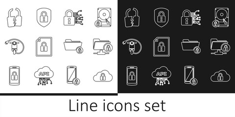 Fototapete - Set line Cloud computing lock, FTP folder and, Cyber security, Document, Electric scooter, Broken or cracked, Folder and Shield with icon. Vector
