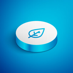 Sticker - Isometric line Leaf icon isolated on blue background. Fresh natural product symbol. White circle button. Vector