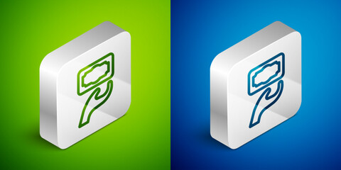 Sticker - Isometric line Donation and charity icon isolated on green and blue background. Donate money and charity concept. Silver square button. Vector