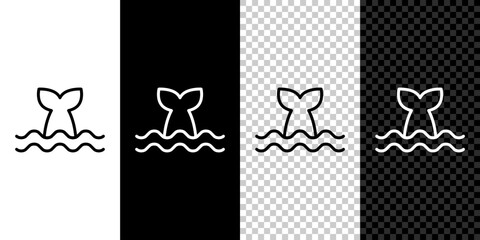 Sticker - Set line Whale tail in ocean wave icon isolated on black and white, transparent background. Vector