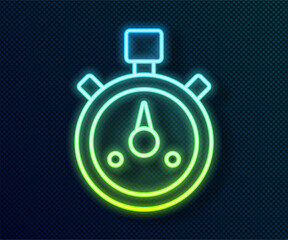 Poster - glowing neon line stopwatch icon isolated on black background. time timer sign. chronometer sign. ve
