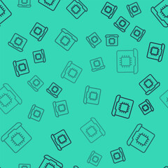 Poster - Black line Computer processor with microcircuits CPU icon isolated seamless pattern on green background. Chip or cpu with circuit board. Micro processor. Vector