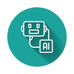 Poster - White line Artificial intelligence robot icon isolated with long shadow background. Machine learning, cloud computing. Green circle button. Vector