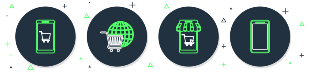 Poster - set line shopping cart with globe, mobile and shopping, and smartphone, mobile phone icon. vector