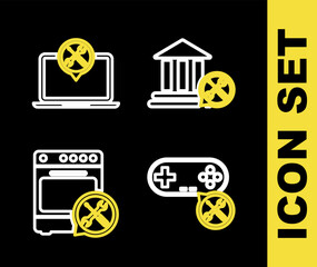 Poster - Set line Bank building service, Gamepad, Oven and Laptop icon. Vector