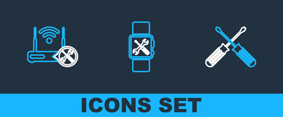 Poster - set line crossed screwdrivers, router wi-fi with service and smartwatch icon. vector