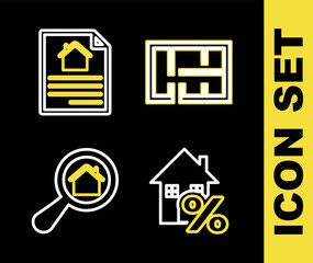 Poster - Set line House plan, with percant, Search house and contract icon. Vector