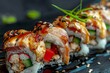 Chicken Uramaki Sushi with Bacon, Processed Cheese, Tomato, Green Onion, Black and White