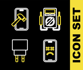 Poster - set line multimeter, dead mobile, charger and mobile with broken screen icon. vector