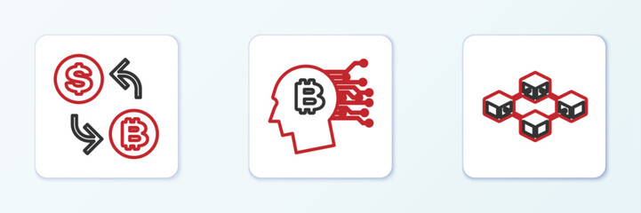 Poster - Set line Blockchain technology, Processor chip with dollar and Bitcoin plant the pot icon. Vector