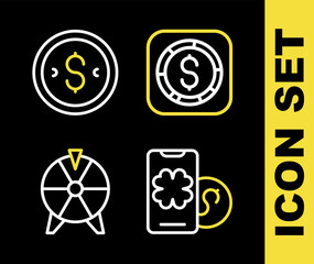 Poster - Set line Coin money with dollar, Online poker table game, Lucky wheel and icon. Vector