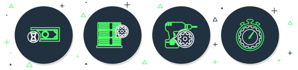 Poster - Set line Server setting, Drill machine, Fast payments and Time management icon. Vector
