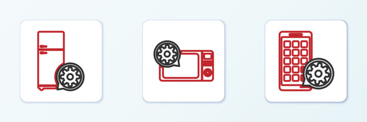 Poster - set line mobile apps setting, refrigerator and microwave oven icon. vector
