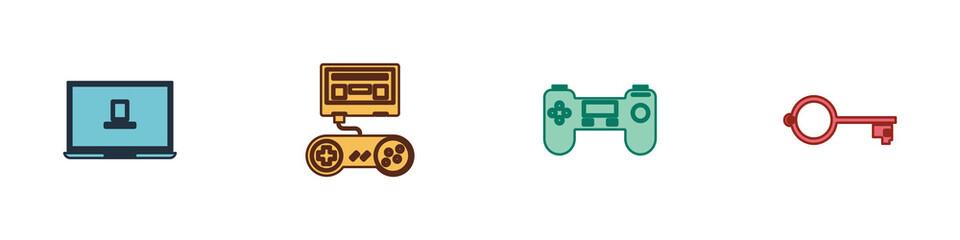 Poster - set laptop, game console with joystick, gamepad and ancient key for game icon. vector