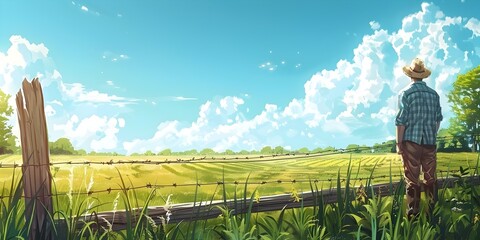 Wall Mural - farmer restoring fence on lush countryside meadow under bright blue sky