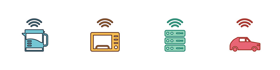 Poster - Set Smart electric kettle, microwave oven, server and car system with wireless icon. Vector
