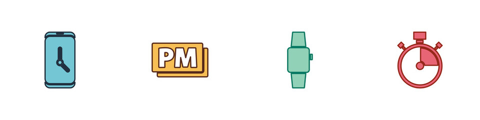 Poster - Set Alarm clock app mobile, Clock PM, Smartwatch and Stopwatch icon. Vector