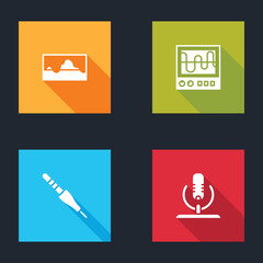 Poster - set music wave equalizer, oscilloscope, audio jack and microphone icon. vector