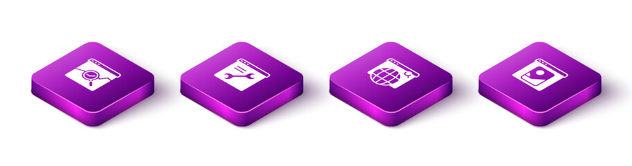 Poster - Set Isometric Website with stocks market, Browser setting, Search engine and Photo retouching icon. Vector