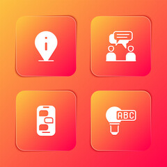 Poster - set information, two sitting men talking, new chat messages notification and creative lamp light ide